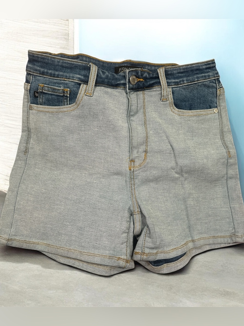 Judy Blue Two-Tone Light Gray and Dark Blue Denim Shorts